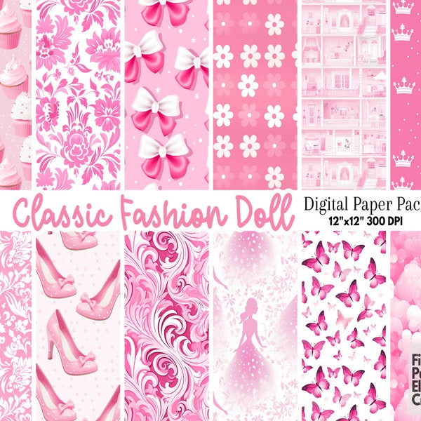 Classic Pink Fashion Doll Digital Paper | Girls Birthday Party | Princess Dress Glitter Sublimation | Cute Dollhouse Cupcakes Butterflies