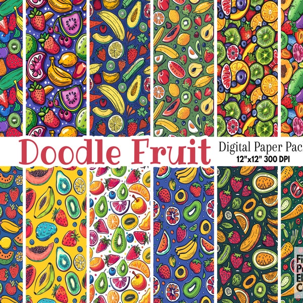 Fun Doodle Fruit Pattern Digital Paper | BBQ Picnic Foodie Themed Scrapbook Printable | Bright Colorful Vegetable Medley Kitchen Restaurant