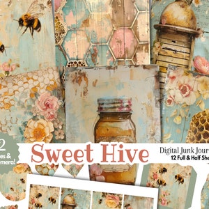 Shabby Chic Bees Digital Junk Journal Kit halve pagina | Honey Hive bloem bloemen afdrukbare plakboekcollage | Vintage noodlijdende gemengde techniek
