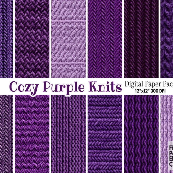 Lavender Purple Knit Digital Paper | Royal Plum Stitched Fabric Texture Sublimation | Winter Scrapbook | Cozy Wool Sweater Blanket Textile