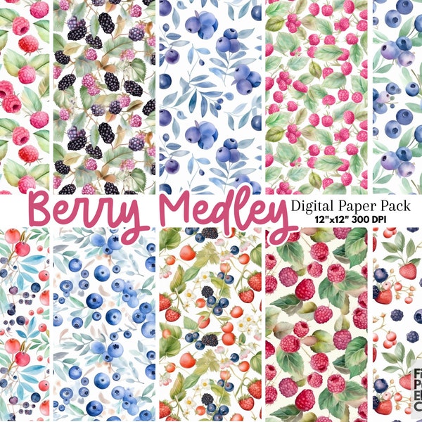 Watercolor Berry Digital Paper | Summer Berries Scrapbook | Kitchen Decor Sublimation | Wild Forest Blueberries Blackberry | Picnic Party