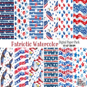 4 juli aquarel digitaal papier - patriottische Amerikaanse onafhankelijkheid sublimatie plakboekpatroon - rood wit blauwe ster streep adelaar vlag