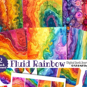 May include: Digital junk journal kit with 12 full and half sheets featuring abstract fluid art in rainbow colors. The kit includes two sizes of papers and ephemera.
