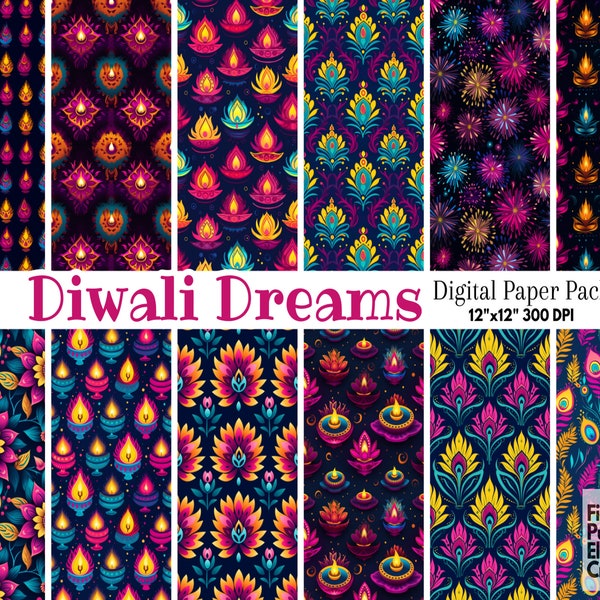 Diwali Digital Paper | Indian Rangoli Sublimation | Peacock Pattern | Printable Hindu Festival of Light Scrapbook | Oil Lamps Candle Holiday