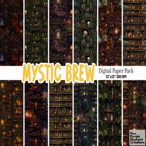 May include: Digital paper pack titled "Mystic Brew" featuring detailed illustrations of potion shelves, skulls, and foliage. The artwork is in a dark, fantasy style with warm and cool color tones. The pack is 12"x12" at 300 DPI.