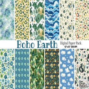 Boho Earth Day digitaal papier | Blauwgroen sublimatie plakboekpatroon | Lucht Wolken Golf Water | Protect Planet Trees Floral Flower Recycle