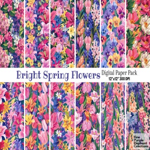 Carta digitale con fiori primaverili vivaci e audaci / Carta per sublimazione colorata Modello per album / Bellissimo giacinto tropicale Narciso Tulipano Lilla