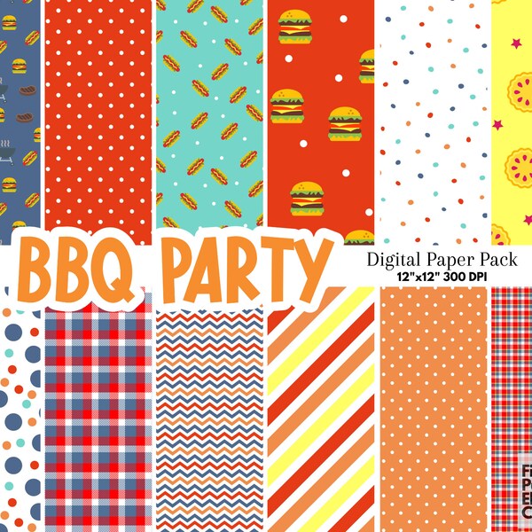 Summer BBQ Party Digital Paper | Picnic Scrapbook Paper | Hamburger Hotdog Pie Patterns | Bright Summer Backgrounds | Backyard Barbecue Fair