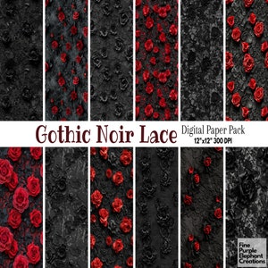 Papel digital con encaje gótico de rosas negras - Patrón de sublimación para álbum de recortes de bodas oscuras y románticas - Textura macabra de tela de encaje floral de vampiro negro