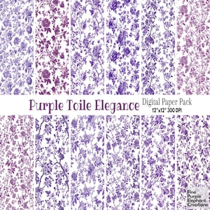 Paars Toile Elegance digitaal papier | Chinoiserie met delicate bloementuin vintage antiek Frans porselein afdrukbaar plakboek met bloemen