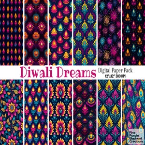 May include: A digital paper pack titled "Diwali Dreams" featuring a variety of colorful, repeating patterns. The designs include floral motifs, candle-like shapes, and intricate ornamental elements in shades of pink, blue, yellow, and purple on a dark background. The pack is 12"x12" at 300 DPI.