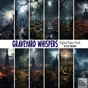 May include: A digital paper pack with 10 spooky graveyard scenes. The images feature a variety of tombstones, crosses, and other graveyard elements. The scenes are set at night, with a full moon in the sky. The images are perfect for creating Halloween-themed projects.