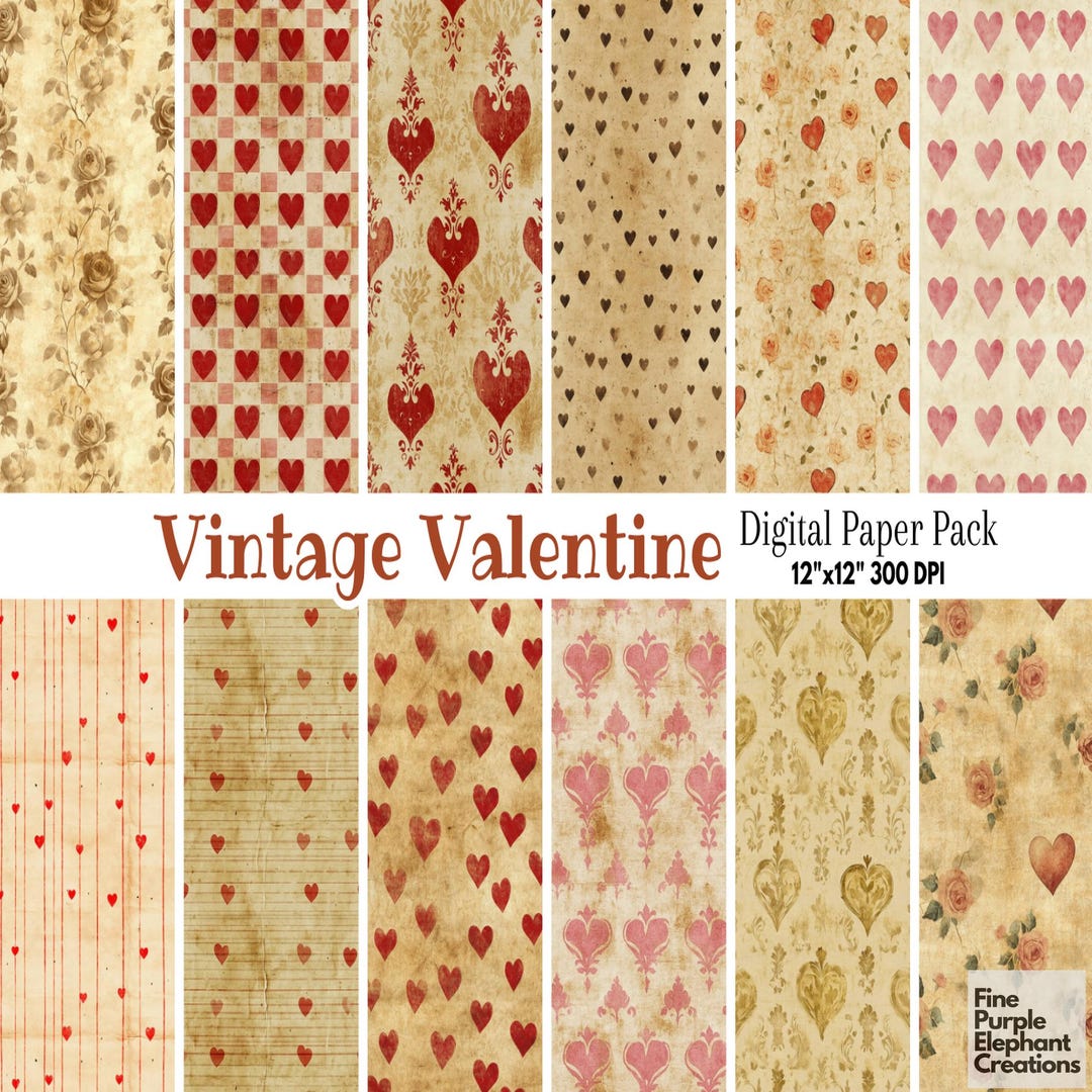 Grudge Page Pattern Old Vintage Valentine Hearts Digital Paper | Pink Grudge Faded Romantic ...