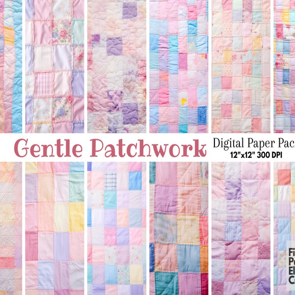 Pastel Patchwork Quilt Digital Paper | Antique Grandma Sewn Stitched Fabric Texture Sublimation | Printable Scrapbook | Cute Baby Nursery