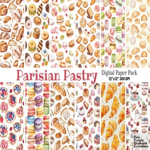 Aquarell Pariser Gebäck Dessert Digitales Papier - Rezept Sammelalbum Süßigkeiten Sublimation Teeparty Torten Keks Französisches Brot Croissant Macaron