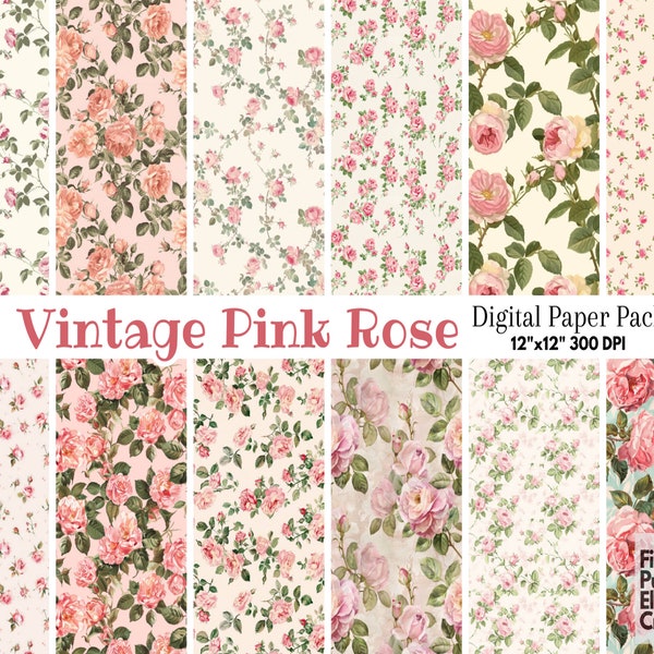 Vintage Pink Roses Flower Digital Paper | Delicate Shabby Chic Mother Sublimation Scrapbook Pattern | Floral Garden Tea Party Junk Journal