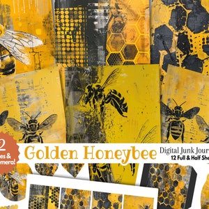 Geel-zwarte bijen digitale junk Journal Kit halve pagina | Honey Hive afdrukbare plakboekcollage | Vet helder noodlijdend Street Art Mixed Media