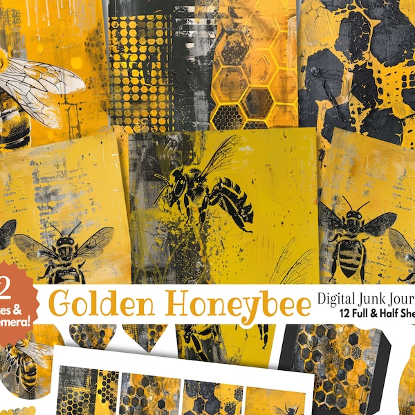 Yellow Black Bees Digital Junk Journal Kit Half Page | Honey Hive Printable Scrapbook Collage |Bold Bright Distressed Street Art Mixed Media