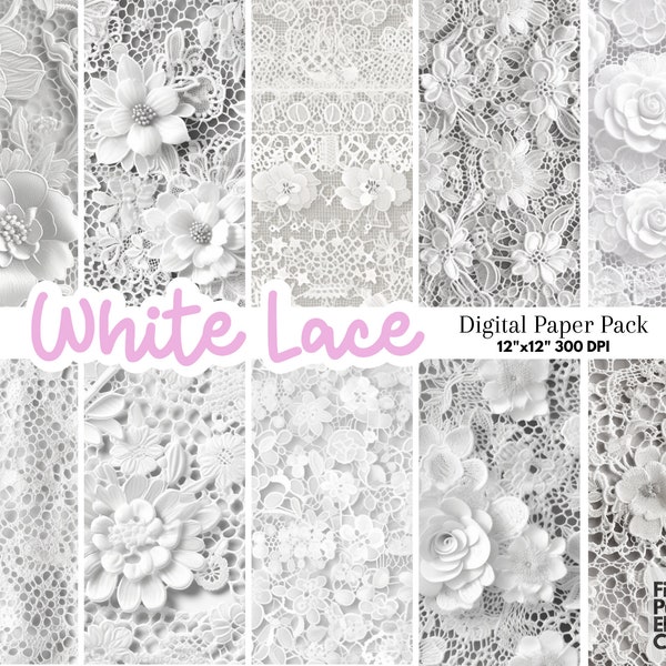 Papier numérique dentelle blanche | Arrière-plan imprimable de scrapbooking de mariage | Textures de dentelle antique vintage | Kit de carnet de collage numérique