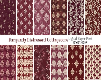 Burgundowy Zniszczony Papier Cyfrowy Cottagecore - Shabby Chic Regency Victorian Pastel Damask Scrapbook Sublimacja Elegancki Rokoko Bridgerton