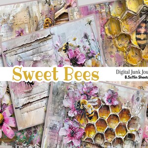 Roze vintage bijen digitale ongewenste dagboekpagina's | Leuke afdrukbare collagebladset voor plakboek | Oude retro bloem bloemen shabby chic honing bijenkorf