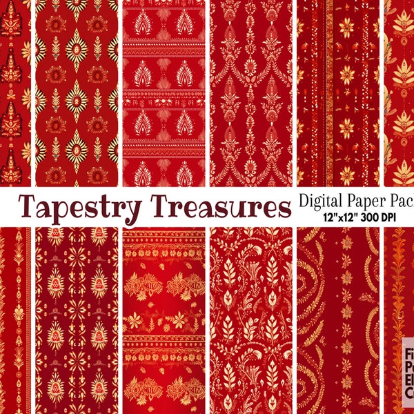 Traditional Indian Fabric Digital Paper | Red Gold Paisley Mandala Tapestry Silk Sublimation | Sari Fabric Texture Pattern | Hindu Scrapbook