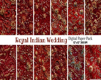 Traditional Indian Wedding Digital Paper | Red Gold Beaded Sublimation | Elegant Lace Sari Fabric Texture Pattern | Hindu Ceremony Scrapbook