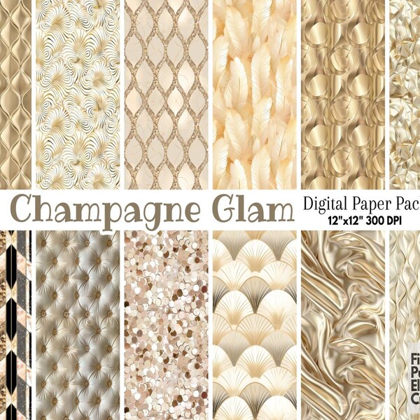 Champagne Gold Glam Digital Paper | Luxury Glitter Scrapbook Pattern Royal Tufted Texture Diamond Flower Sublimation Feminine Glamour Glitz