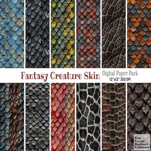 Könnte beinhalten: Ein digitales Papierpaket mit 10 verschiedenen Fantasy-Kreaturen-Hauttexturen. Die Texturen umfassen Schuppen, Leder und andere tierähnliche Muster in verschiedenen Farben wie Blau, Grün, Rot, Orange und Braun. Das Paket ist 12x12 Zoll groß und hat 300 DPI.