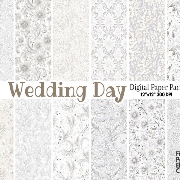 White Wedding Flourish Digital Paper | Damask Filigree Flower Motif Sublimation | Elegant Floral Lace Pattern | Florentine Bride Scrapbook