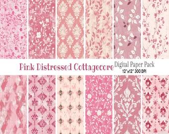 Różowy zniszczony papier cyfrowy Cottagecore - Shabby Chic Regency Era Victorian Pastel Damask Scrapbook Sublimacja Elegancki rokoko Bridgerton