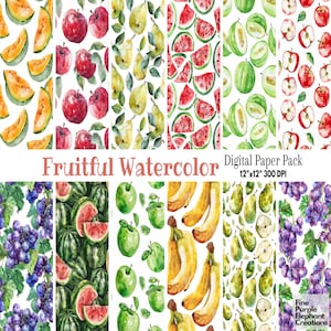 Papier numérique à motif de fruits | Scrapbooking sur le thème des gourmets barbecue d'été à imprimer | Pomme Poire Banane Raisin Pastèque Cantaloup Melon