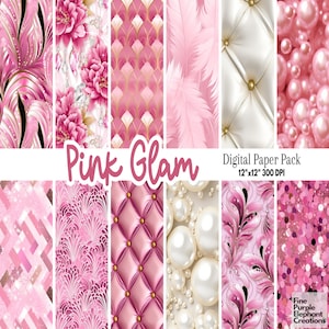 Papier numérique rose glam | Motif de scrapbooking scintillant de luxe | Texture capitonnée royale | Sublimation de fleur de diamant | Perles glamour féminines