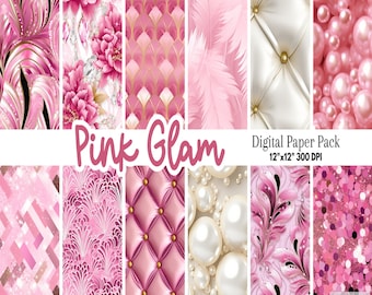 Pink Glam Digital Paper | Luxury Glitter Scrapbook Pattern | Royal Tufted Texture | Diamond Flower Sublimation | Feminine Glamour Pearls