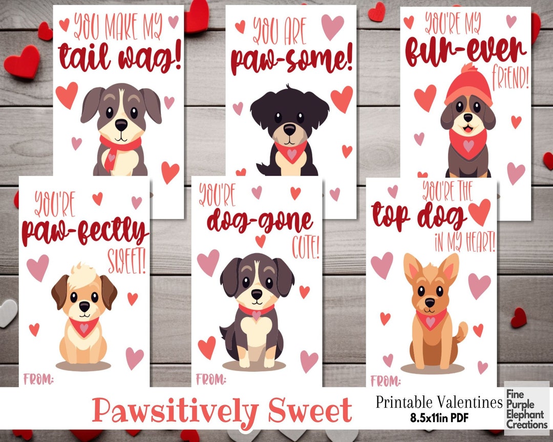 Printable Kids Dog Valentine Digital Paper Cards | Cute Heart Puppy ...