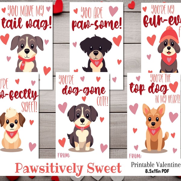 Printable Kids Dog Valentine Digital Paper Cards | Cute Heart Puppy School Classroom Gift Tag Template | Teacher Family Friends Preschool