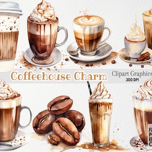 Watercolor Cafe Coffee Shop PNG Clipart | Cocoa Bean Sublimation | Hot Chocolate Drink Graphic | Printable Scrapbook Barista Frappe Beverage