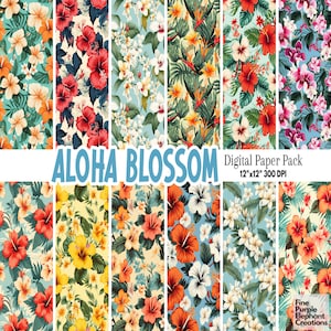 Papel digital de flores havaianas | Sublimação de ilha tropical retrô | Padrão de papel de parede floral HD | Álbum de recortes para impressão Hibiscus Paradise
