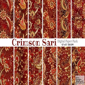 Traditioneel hindoeïstisch bruiloft digitaal papier | Roodgouden kralensublimatie | Elegante kanten sari-stof structuurpatroon | Plakboek Indiase ceremonie