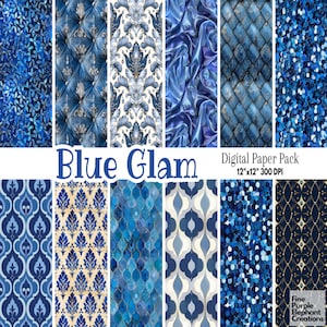Papel Digital Blue Glam | Padrão de Scrapbook de Glitter de Luxo Textura Tufada Real Flor de Diamante Sublimação | Fleur de Lis Glamour Feminino
