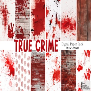 May include: Digital paper pack with a true crime theme. The pack includes 12x12 inch, 300 DPI images of blood splatter, fingerprints, brick walls, and wood planks.