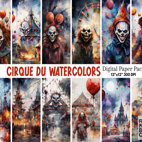 Watercolor Circus Digital Paper | Halloween Sublimation | HD Scary Wallpaper Backdrop | Haunted House | Printable Scrapbook Carnival Scenes