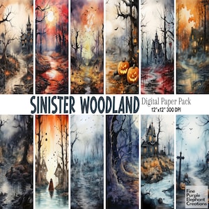 Haunted Watercolor Woods Digital Paper | Halloween Sublimation | HD Scary Wallpaper Backdrop | Printable Scrapbook Vibrant Forest Scenes