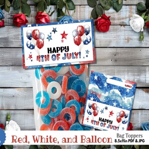 Globo azul blanco rojo 4 de julio imprimible bolsa de regalo topper tarjeta - verano feliz cuarto día de la independencia fiesta favor comida panadero caramelo regalo