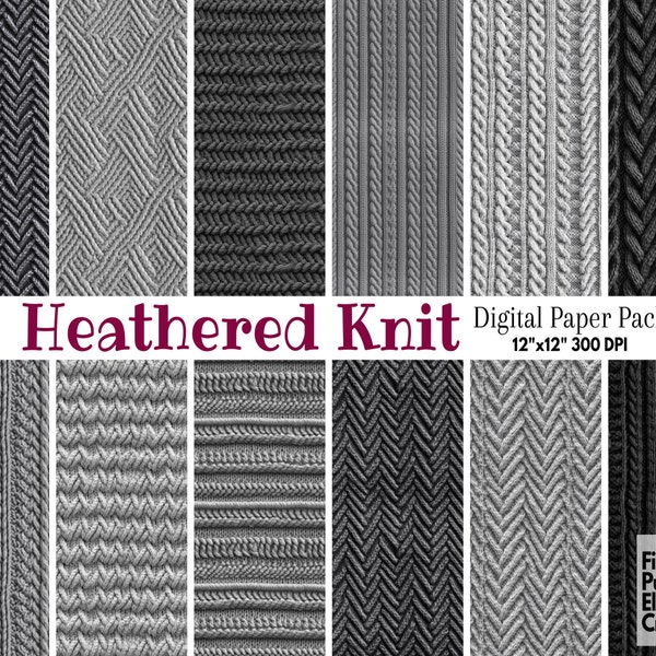 Heather Grey Knit Digital Paper | Charcoal Black Stitched Fabric Texture Sublimation | Winter Scrapbook | Cozy Wool Sweater Blanket Textile