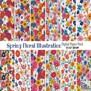 Illustrazione floreale primaverile su carta digitale / Carta da scrapbooking con motivo a sublimazione colorata e luminosa / Bellissimi fiori blu arancioni in fiore