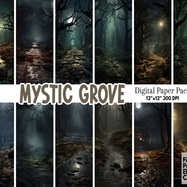 Haunted Woods Digital Paper | Halloween Sublimation | HD Scary Wallpaper Backdrop | Witch House Decor | Printable Scrapbook Forest Scenes