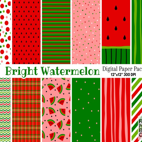 Bright Watermelon Digital Paper | Summer Themed Scrapbook | Fruit Printable Pattern | Red Green BBQ Picnic Pool Party Background Invitation