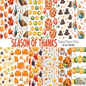 Thanksgiving Digital Paper | Fall Autumn Family Dinner Scrapbook | Pumpkin Apple Sublimation | Falling  Maple Leaves | Turkey Pilgrims Craft