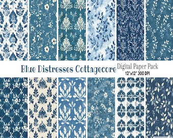 Niebieski zniszczony papier cyfrowy Cottagecore - Shabby Chic Regency Era Victorian Pastel Damask Scrapbook Sublimacja Elegancki Rokoko Bridgerton